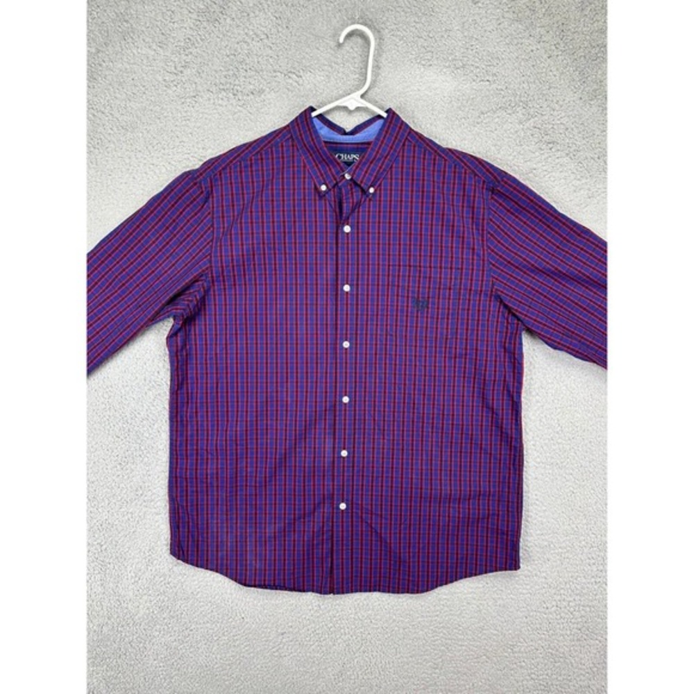 Chaps Shirt Mens Extra Large Red Blue Tartan Plaid Stretch Easy Care Button Down